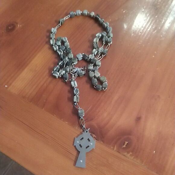 Catholic Rosary Irish Connemara Marble Cube Beads Celtic Cross Vintage Vtg - Picture 5 of 9